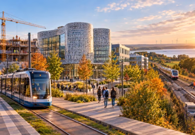 Urbaner Bildungscampus bei Sonnenaufgang